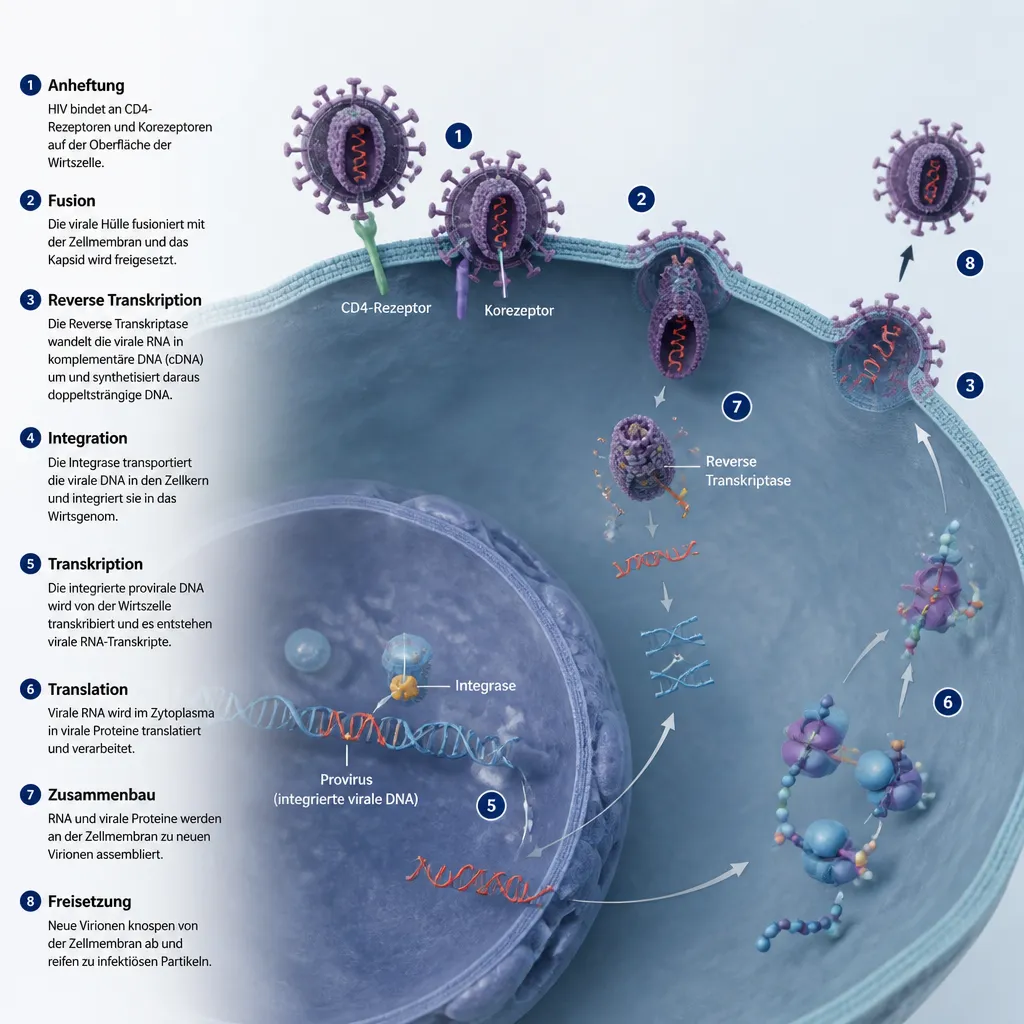 Diagramm des HIV-Lebenszyklus mit Reverse Transkriptase und Integration