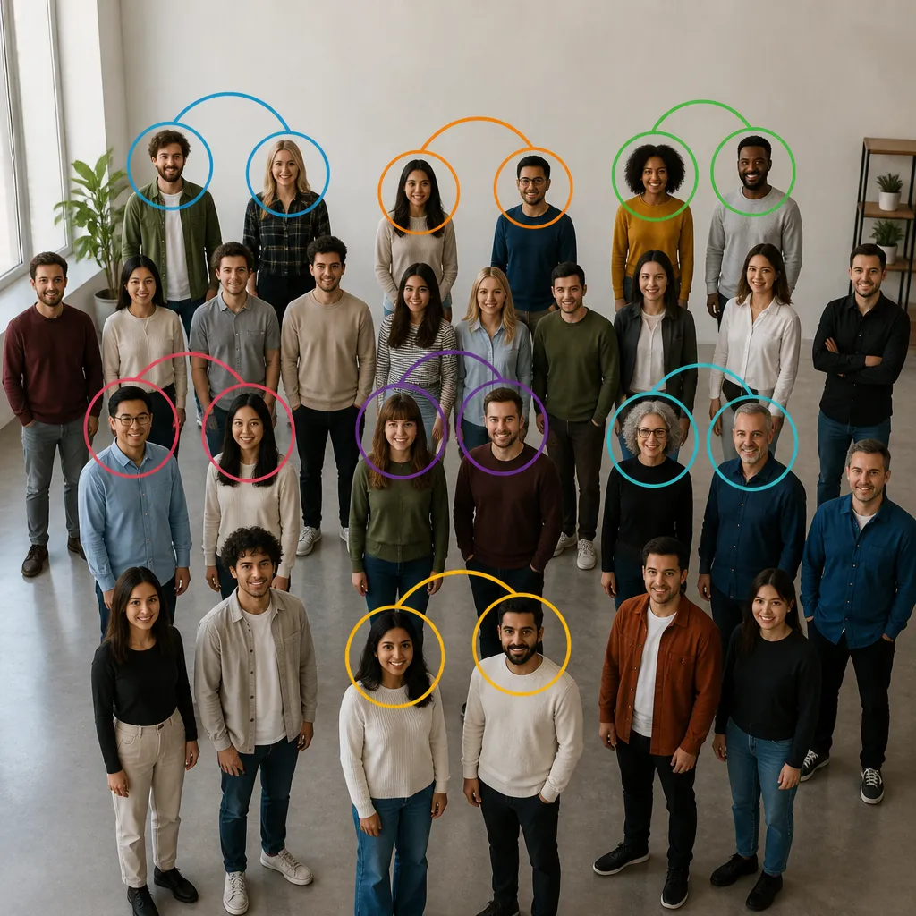 Illustration mit 23 Personen in einem Raum und markierten übereinstimmenden Geburtstagen